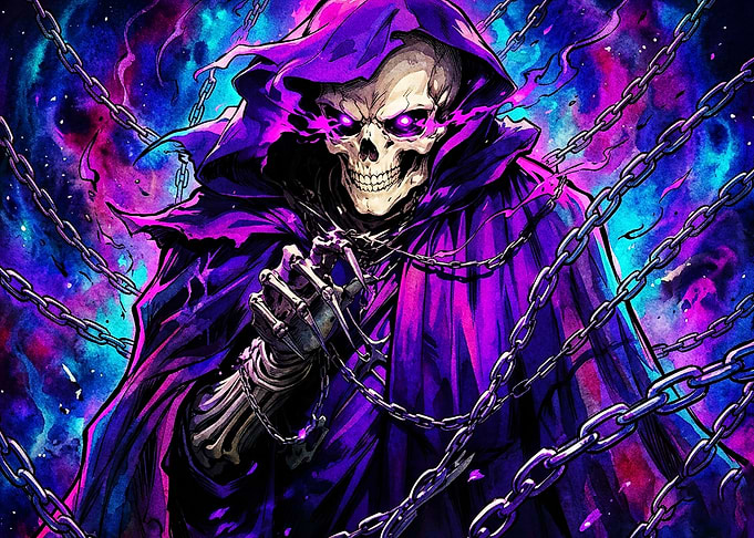 Grim Reaper with Glowing Purple Eyes