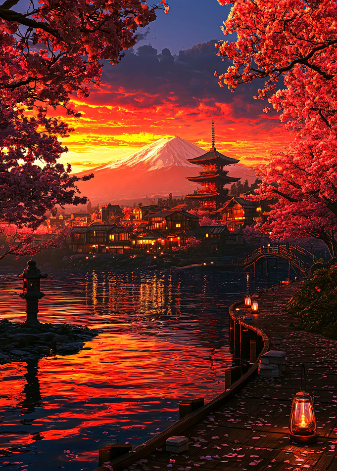 Mount Fuji Sunset with Cherry Blossoms