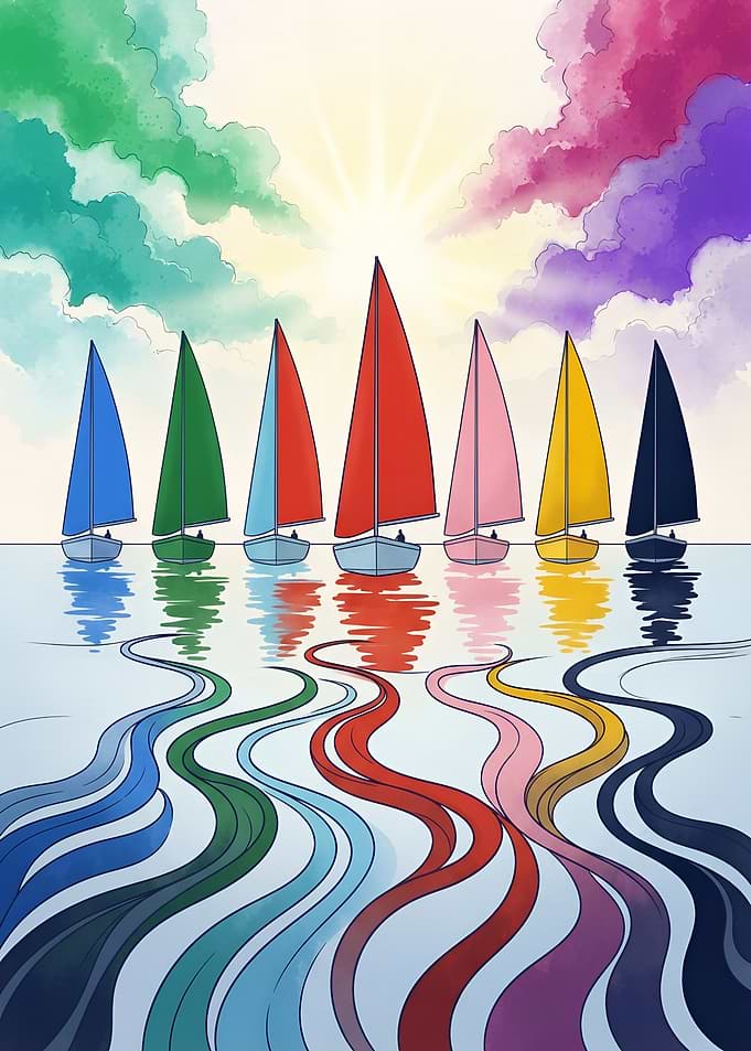 Colorful Sailboats on Calm Water
