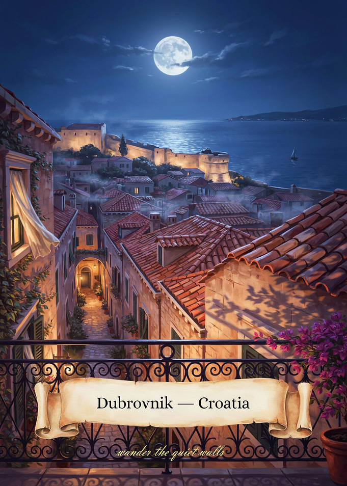 Dubrovnik Moonlit Balcony Streetscape — Romantic Mystical Mediterranean Night Art