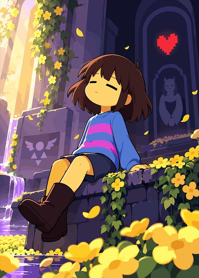 Frisk Resting in Waterfall Ruins