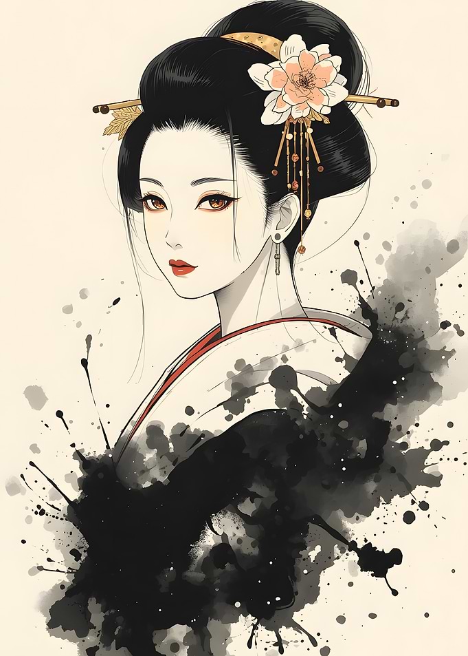 Traditional Japanese Geisha Ink Wash Anime Poster