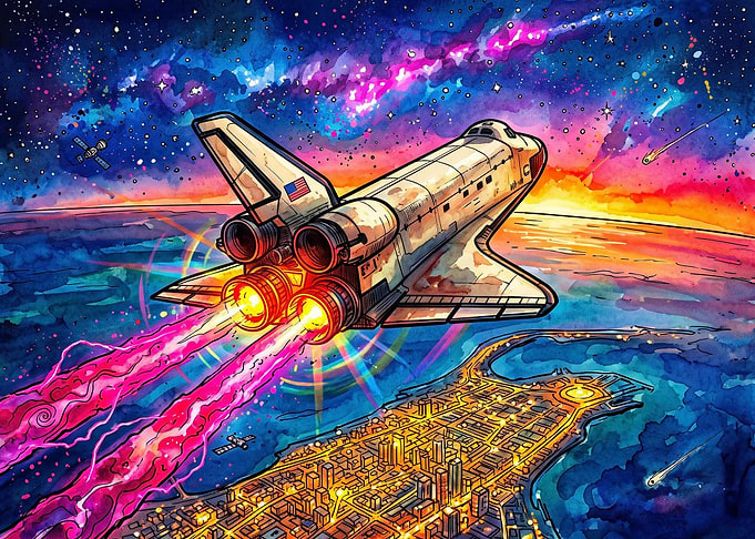 Space Shuttle Over Glowing City