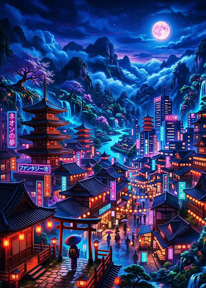 Neon Fantasy Mountain City