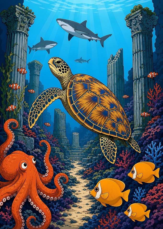 Underwater Turtle and Fishes Ruins with Sea Life