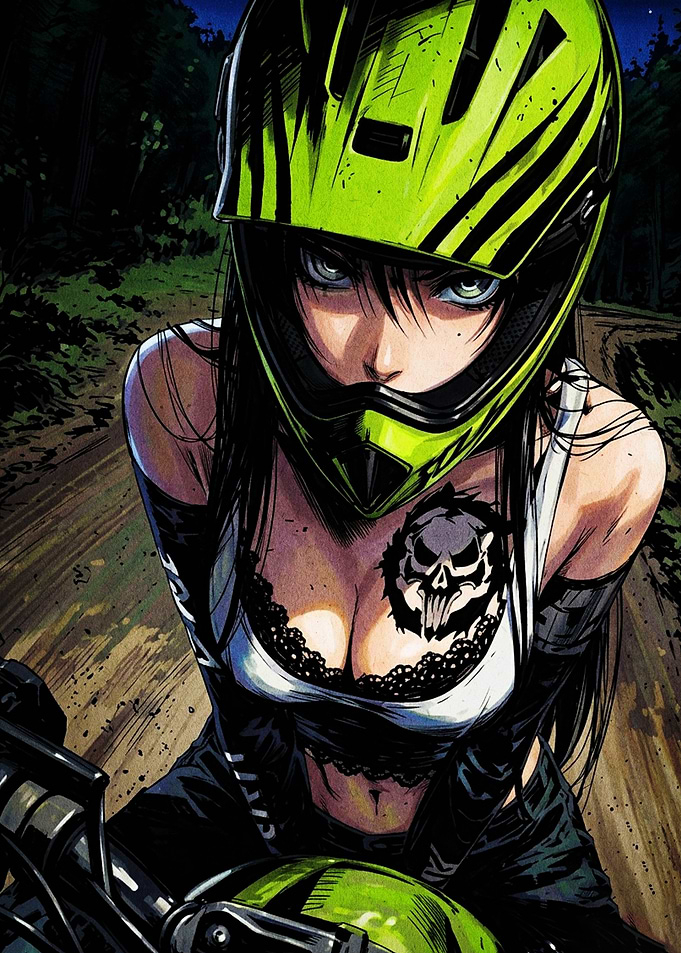 Biker Girl with Skull Tattoo
