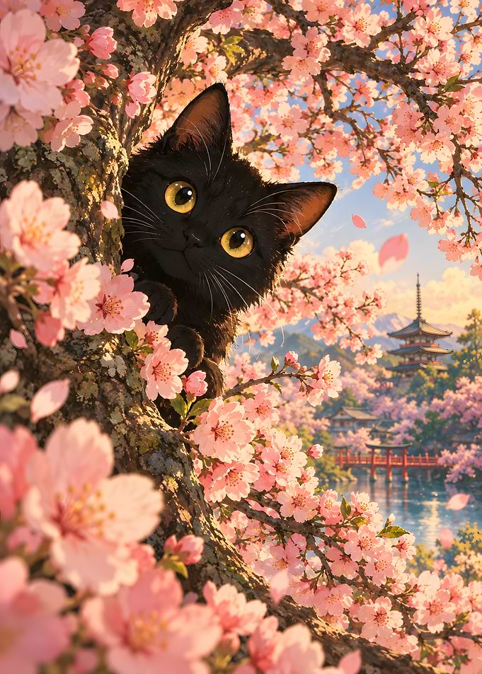 Black Cat Cherry Blossom Sakura