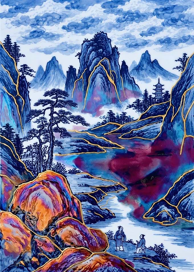 Kintsugi Mountains – Golden River Valley – Abstract Fantasy #11