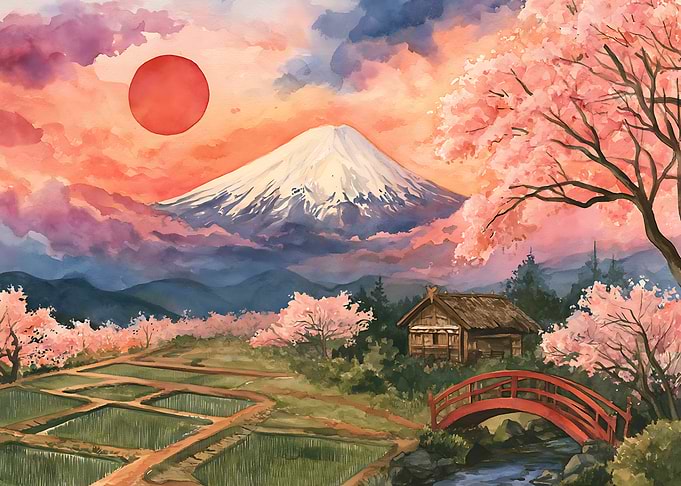 Mount Fuji Sunset with Cherry Blossoms