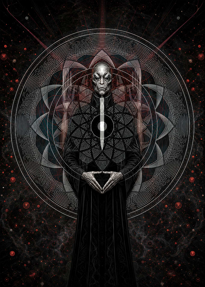Ethereal Alien Figure in Sacred Geometry