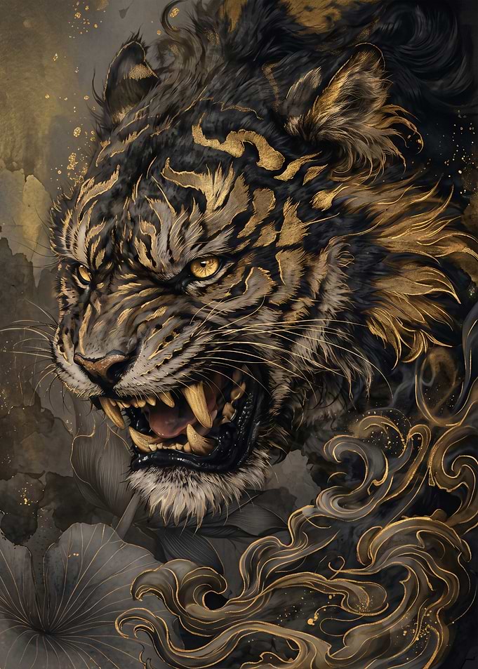 Golden Tiger Portrait with Smoke