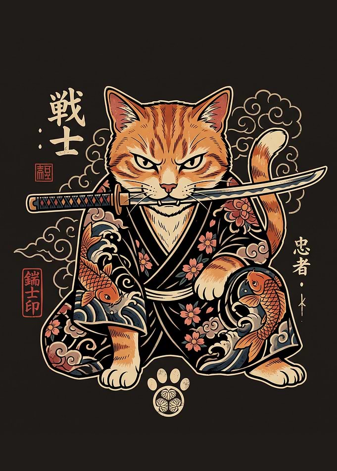 Samurai Cat with Katana Illustration