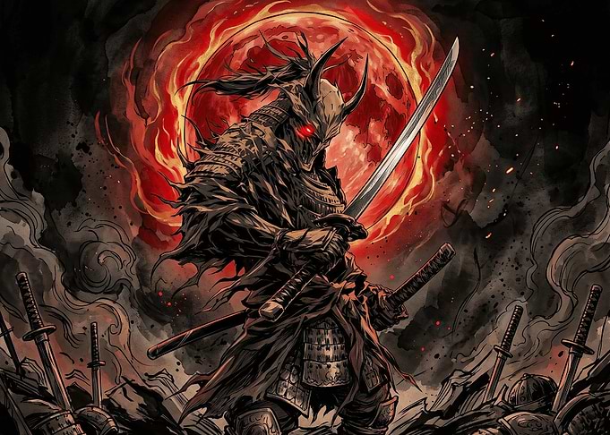 Demon Samurai Warrior Under Blood Moon