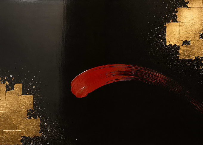 Vermilion Stroke Black Lacquer and Gold Leaf Japanese Abstract