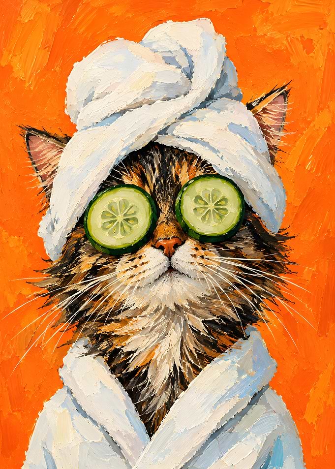 Relaxed Cat with Cucumber Slices -Cat at the Spa