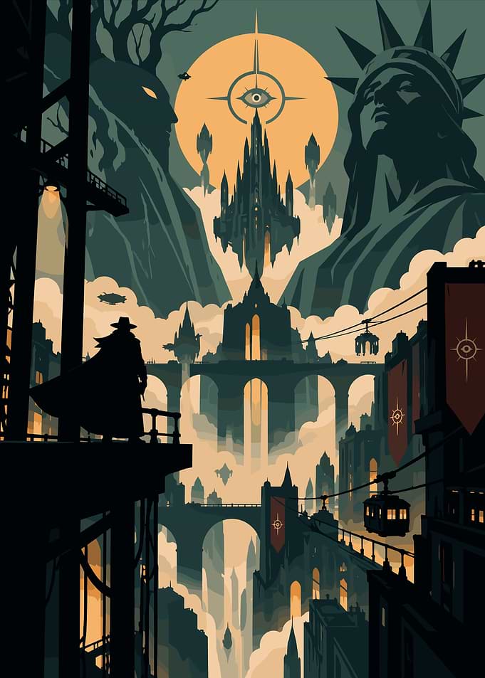 Dystopian Cityscape with Statue of Liberty