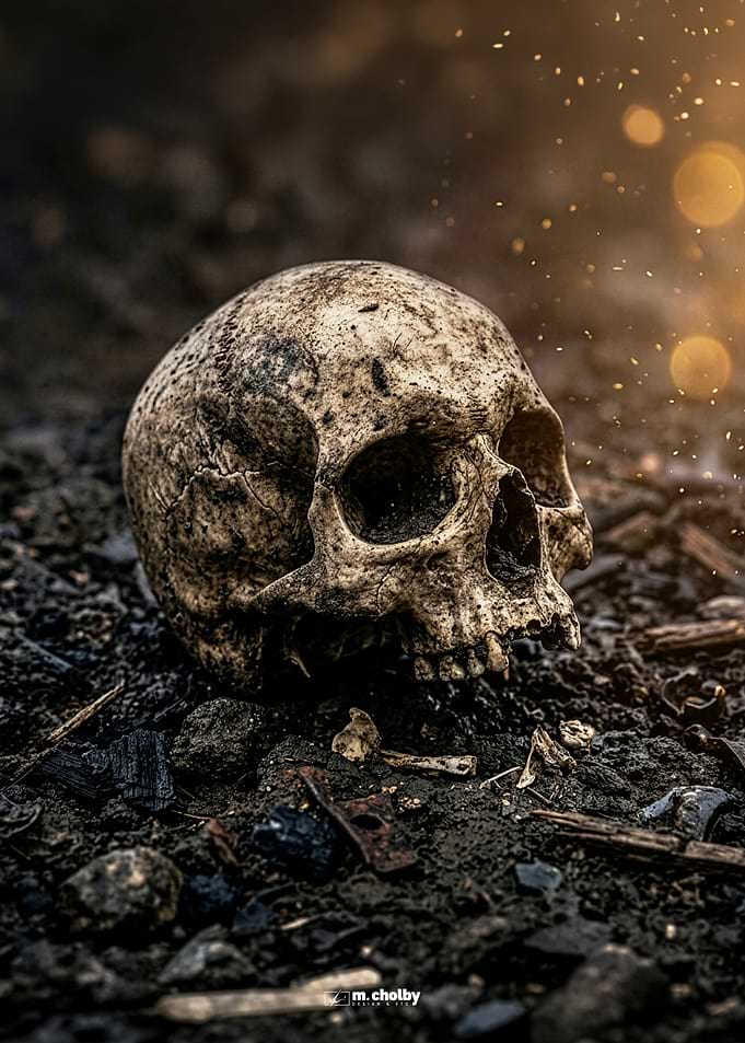 Weathered Human Skull on Dark Ground