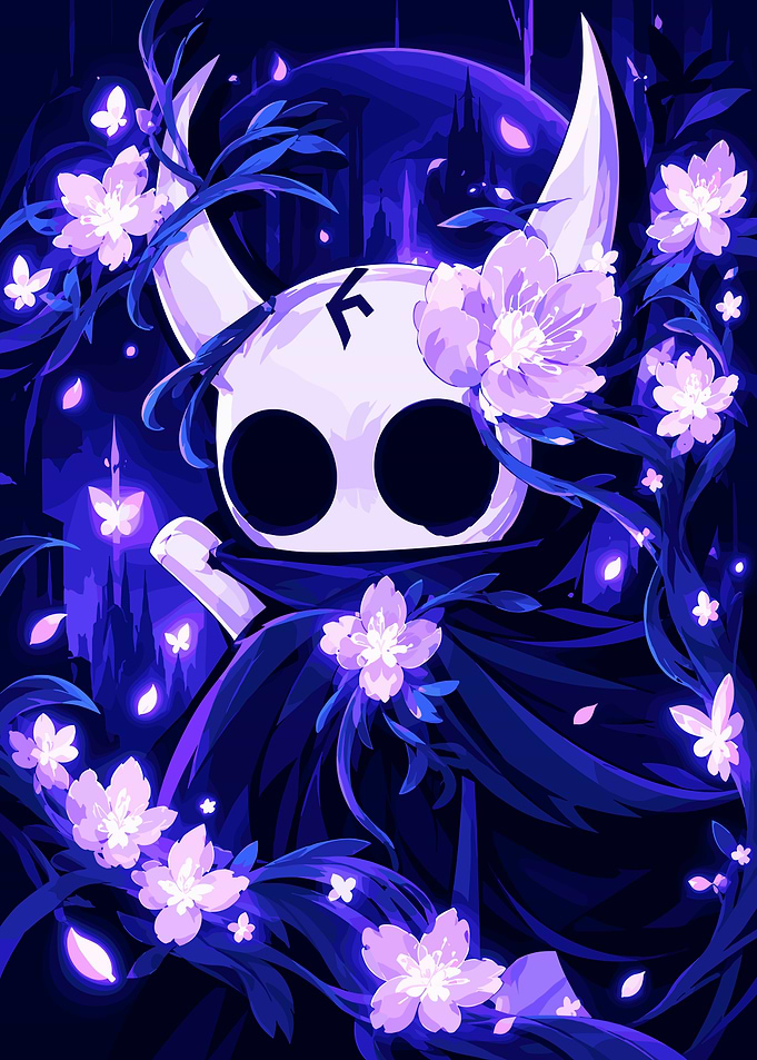 Hollow Knight Surrounded by Cherry Blossoms