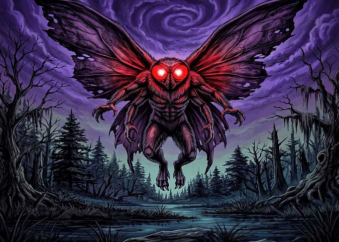 Mothman Flying Over Dark Swamp