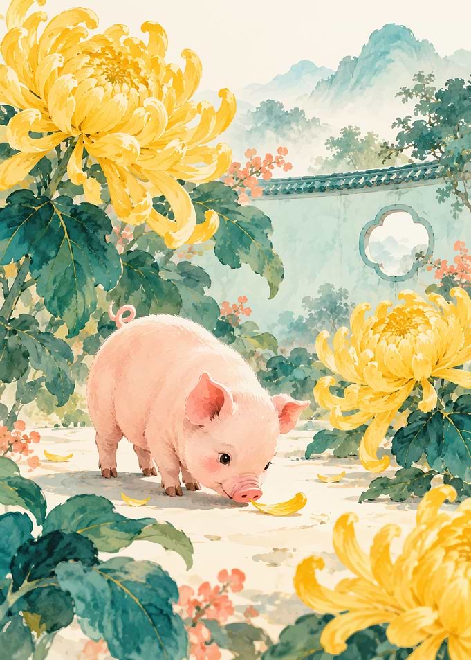 Cute Piglet Among Yellow Chrysanthemums