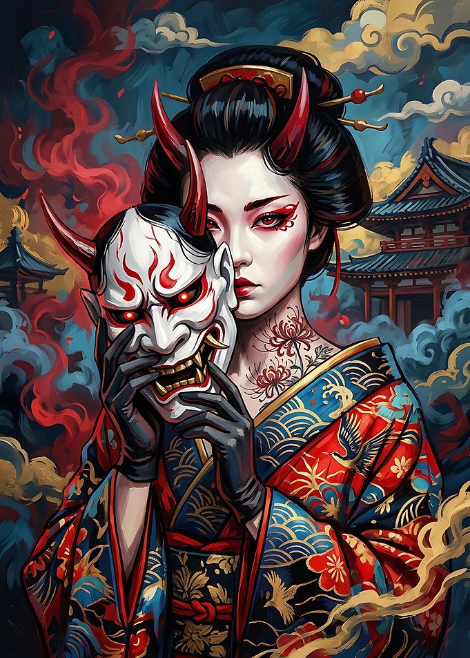 Geisha with Oni Mask Digital Art