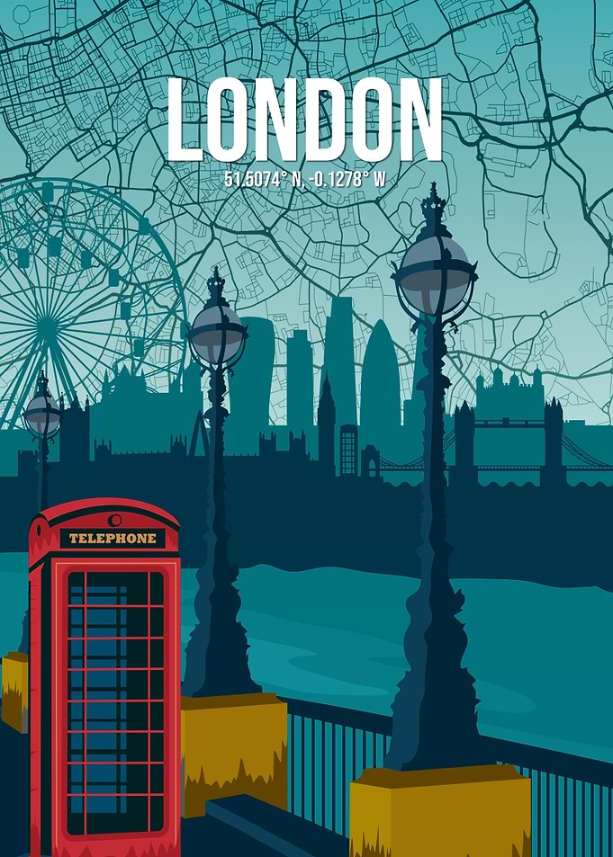 London Skyline Red Phone Box Vity Map Travel Poster Art