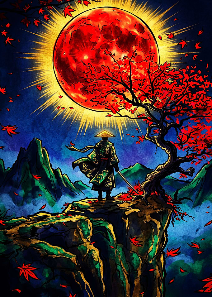 Samurai Standing Under Red Moon