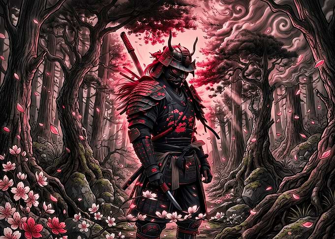 Samurai Warrior in Cherry Blossom Forest