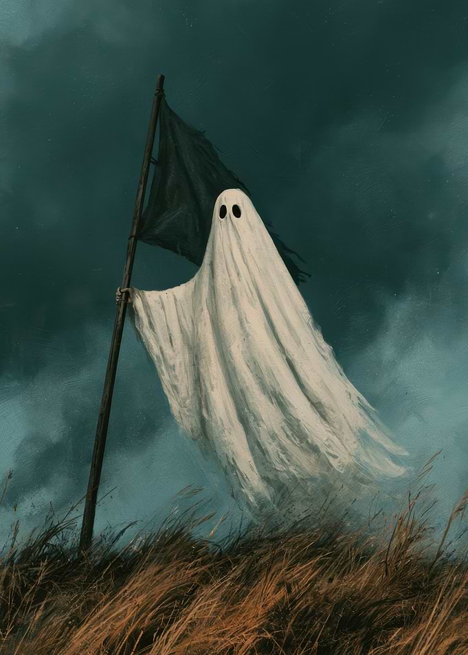 Halloween Ghost Holding a Black Flag