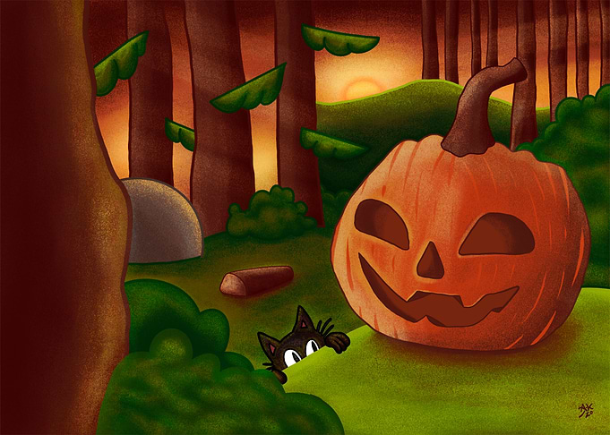 Black Cat Peeking at Jack-o'-lantern