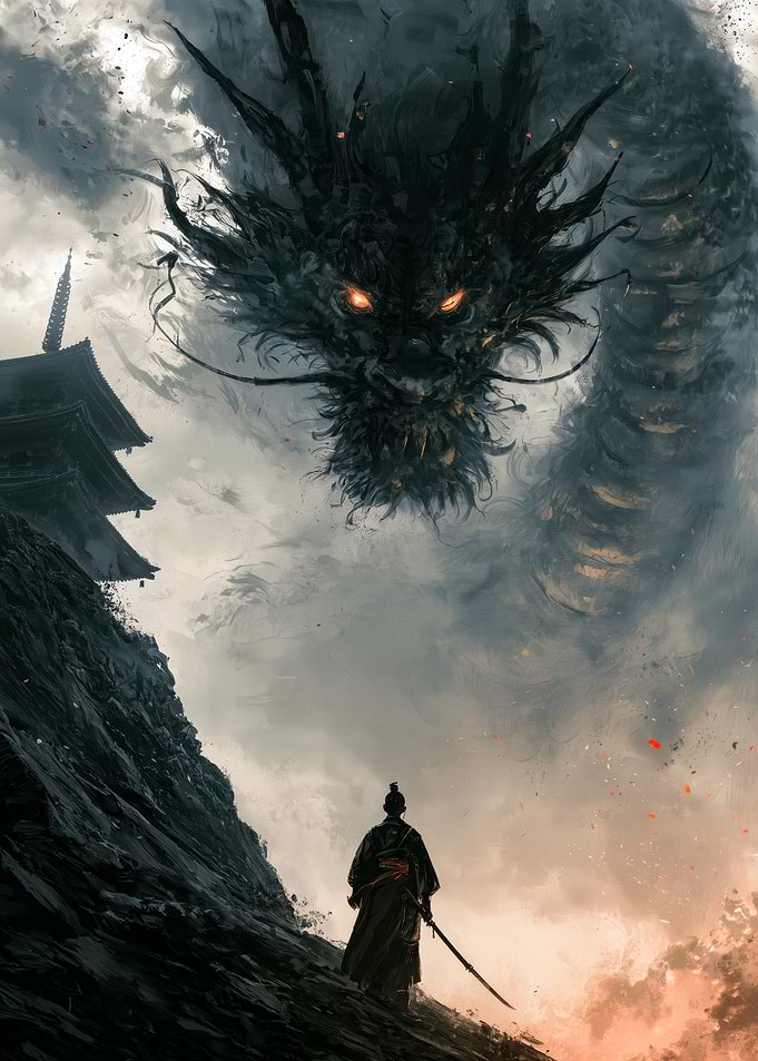 Samurai Facing a Giant Dragon