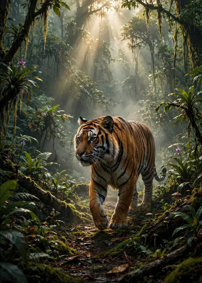 Majestic Tiger Walking Through Misty Jungle