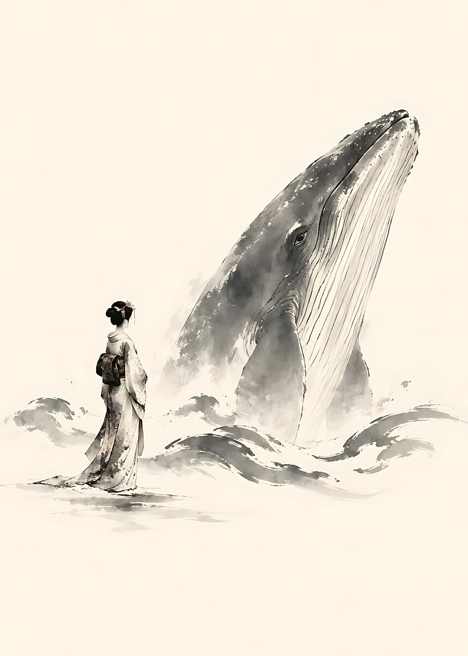 Geisha and Whale Ink Wash Art