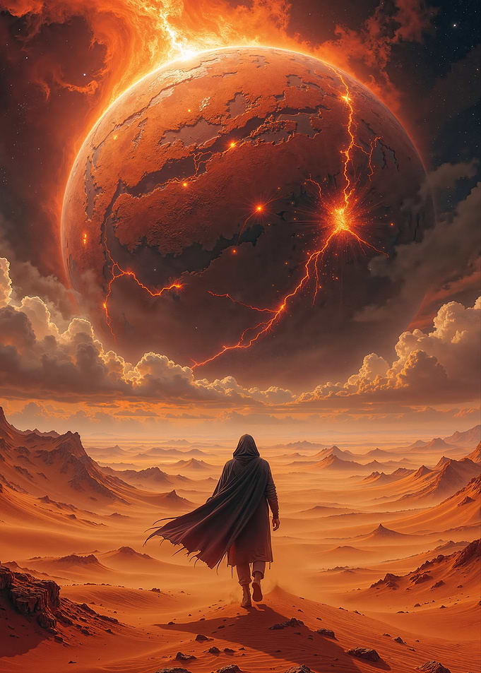 Lone Traveler on a Fiery Dune Planet