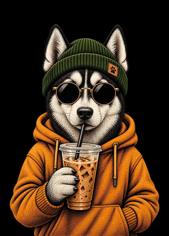 Cool Husky Drinking Iced Coffee