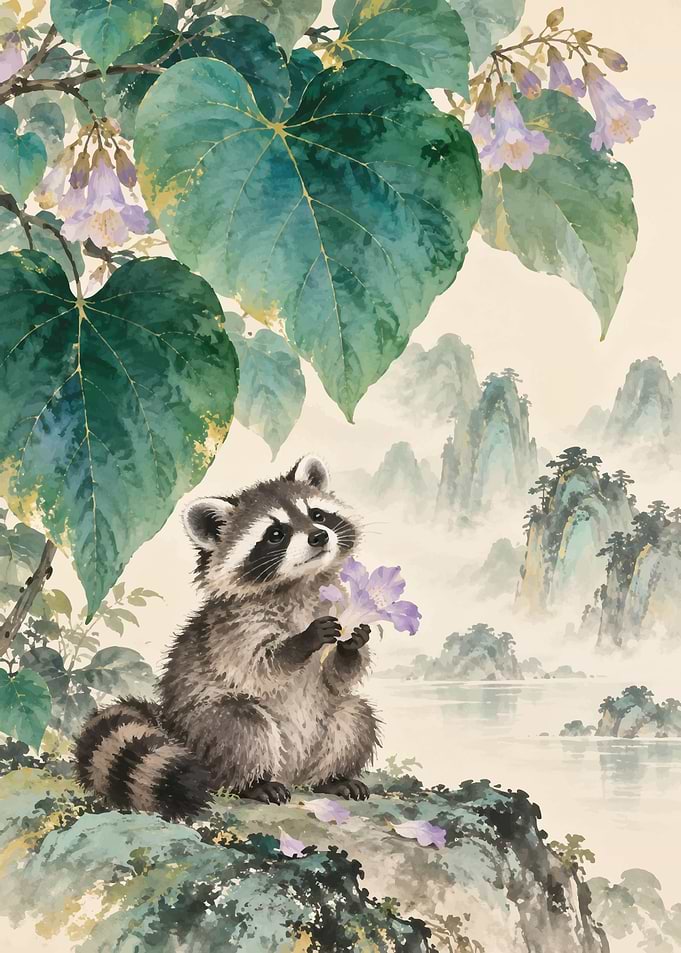 Watercolor Raccoon with Purple Flowers
