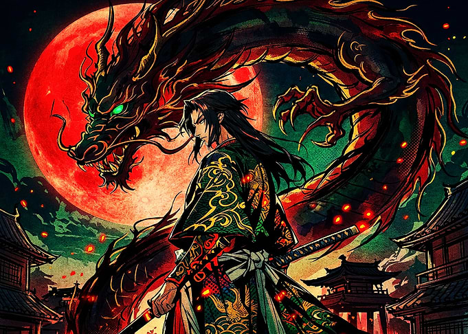 Samurai Warrior with Dragon and Moon