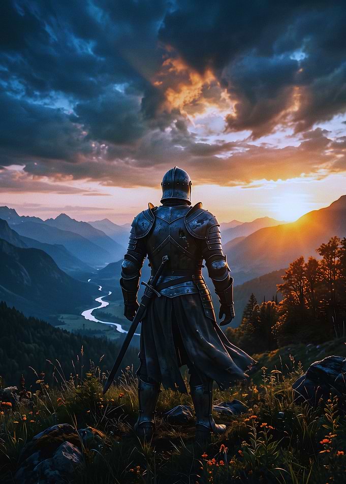 Knight Standing Over Mountain Valley