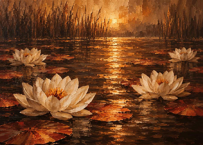 Golden Sunset Water Lilies Painting