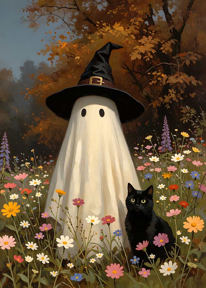 Ghost in Witch Hat with Black Cat in a Meadow