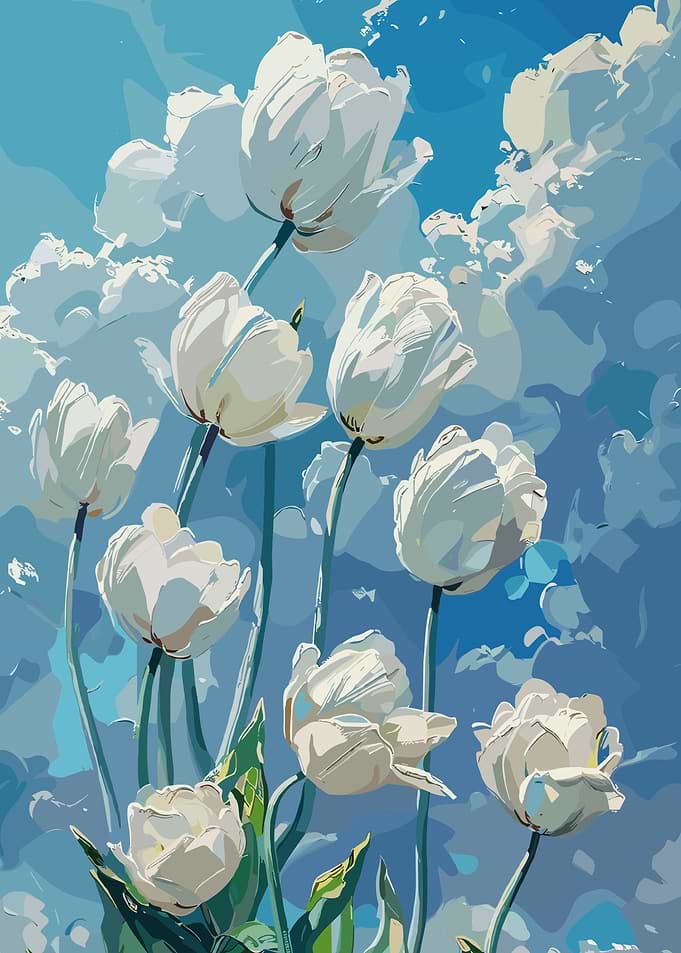 White Tulips Against Blue Sky