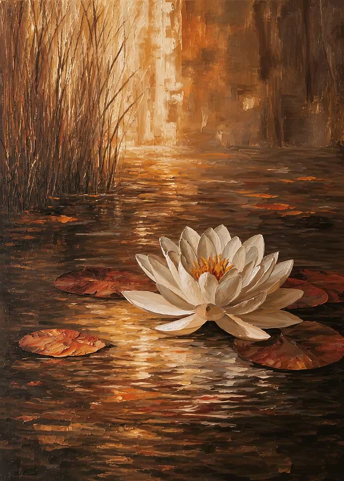 Oil Painting of White Water Lily