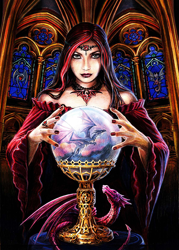 Sorceress with Crystal Ball and Dragon