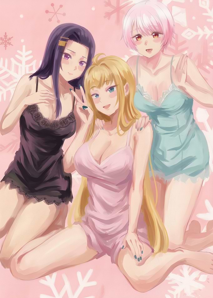 Three Anime Girls in Pajamas
