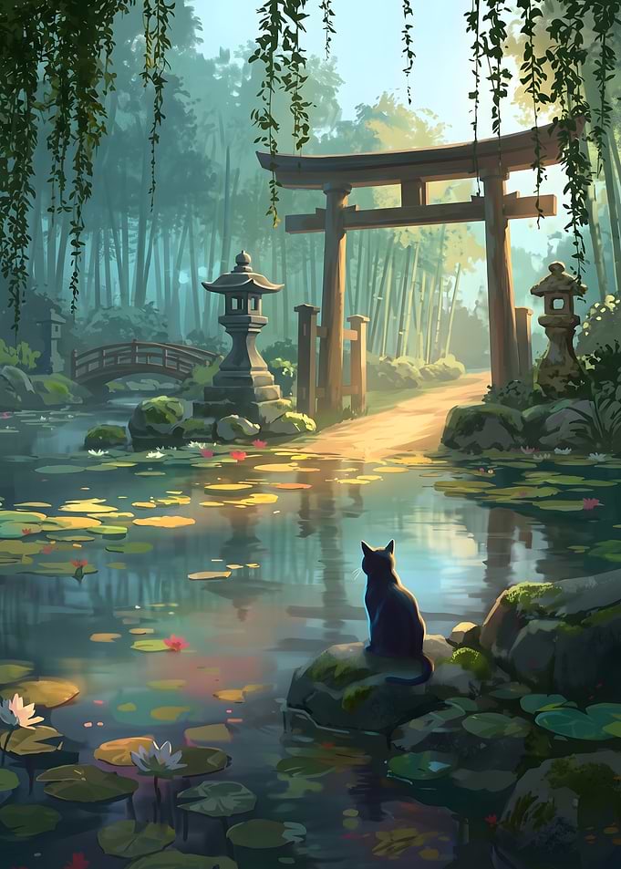 Black Cat at Japanese Garden Pond