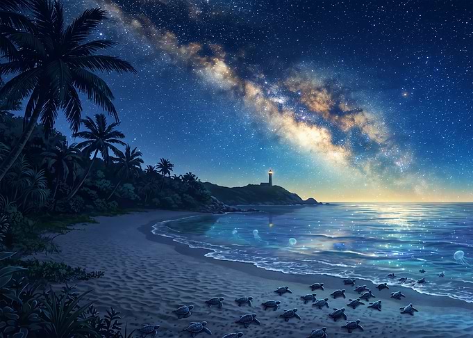 Sea Turtles Hatching Under Milky Way