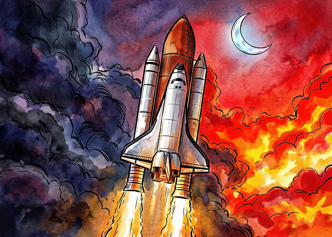 Space Shuttle Launch Watercolor Illustration