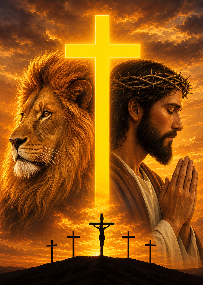 Jesus and Lion with Cross Religion