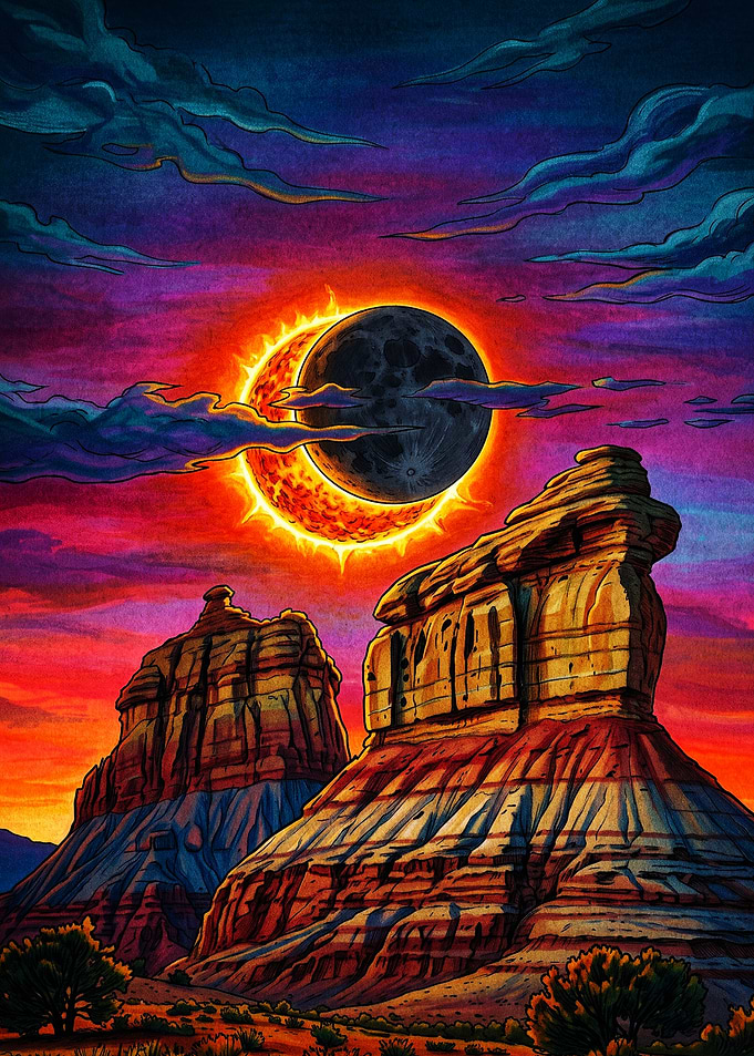 Solar Eclipse Over Desert Canyons