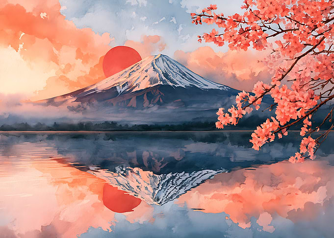 Mount Fuji at Sunset with Cherry Blossoms